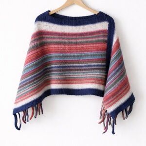 Artisan Knit Striped Poncho • Textured Fringe Boho Artsy Fun Small